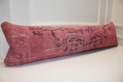 Handmade Turkish Kilim Bench Pillow: Dusty Rose Boho Lumbar Cushion 12x48 Inch