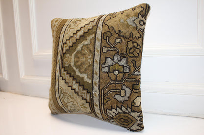 Handmade Kilim Pillow Cover: Camel Ivory Heritage Design Accent Cushion (16x16 in)