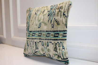 Handmade Kilim Pillow Cover: Sage Green, Aqua Boho Throw Cushion (16x16 in)
