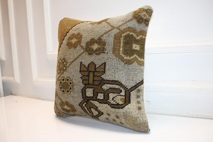 Handmade Kilim Pillow Cover: Upcycled Tribal Beige Brown Throw Cushion (16x16 in)