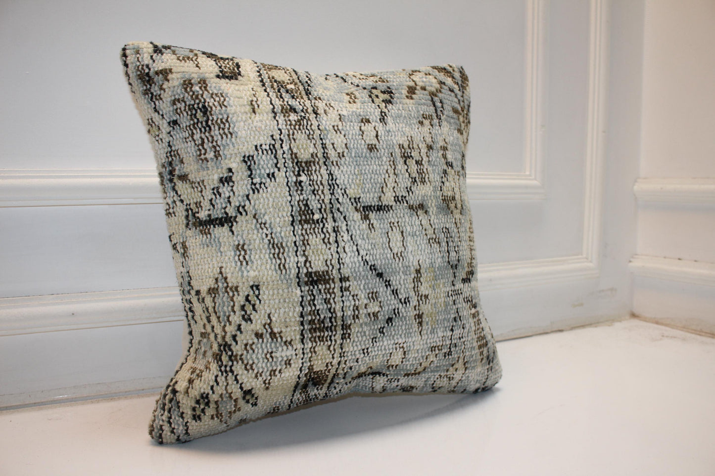 Handmade Kilim Pillow Cover: Upcycled Wool, Neutral Boho Throw Cushion (16x16 in)