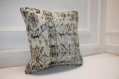 Handmade Kilim Pillow Cover: Upcycled Wool, Neutral Boho Throw Cushion (16x16 in)