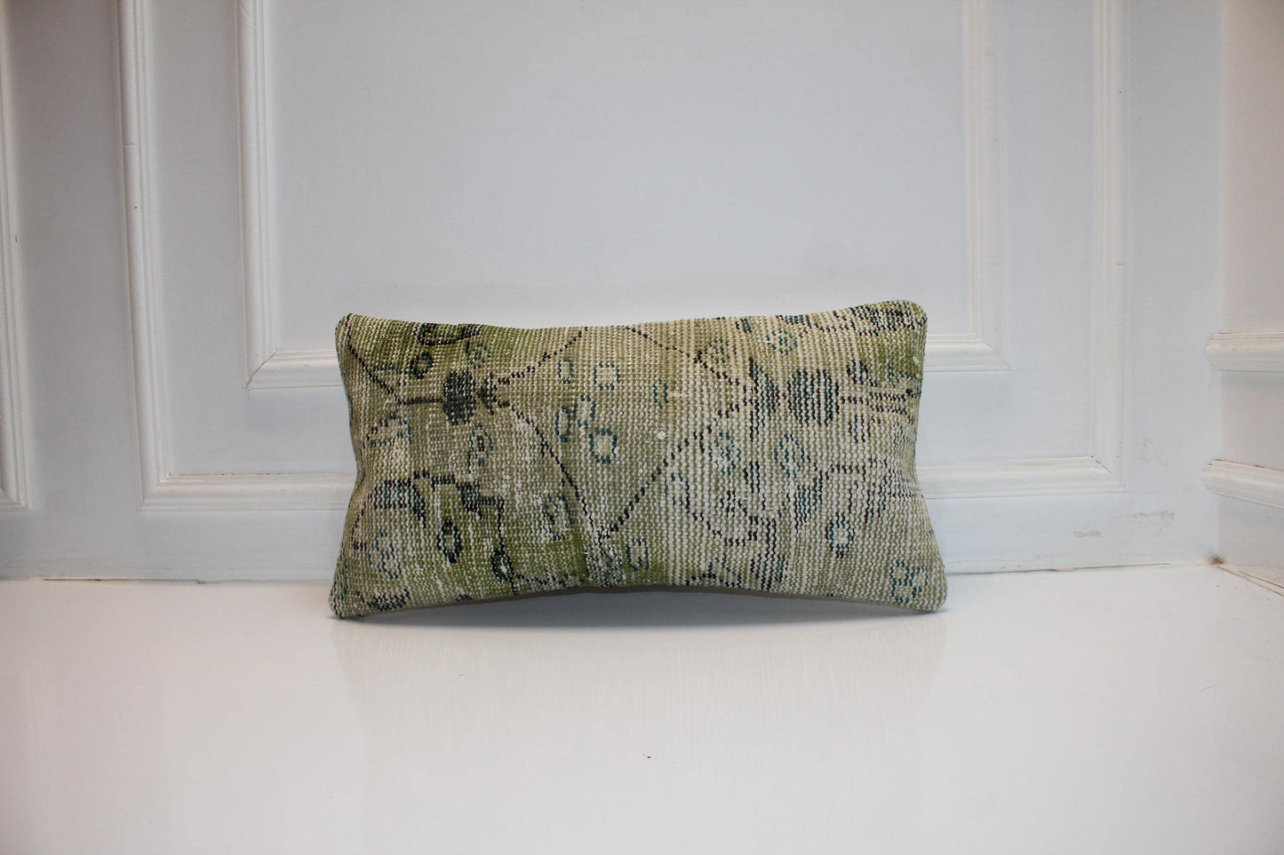 Turkish Kilim Lumbar Pillow 12x24 Green Handwoven Rug Cushion Cover