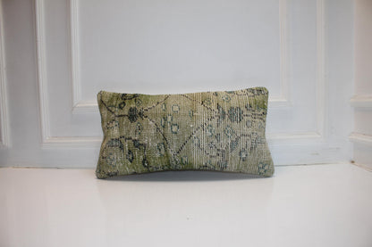 Turkish Kilim Lumbar Pillow 12x24 Green Handwoven Rug Cushion Cover