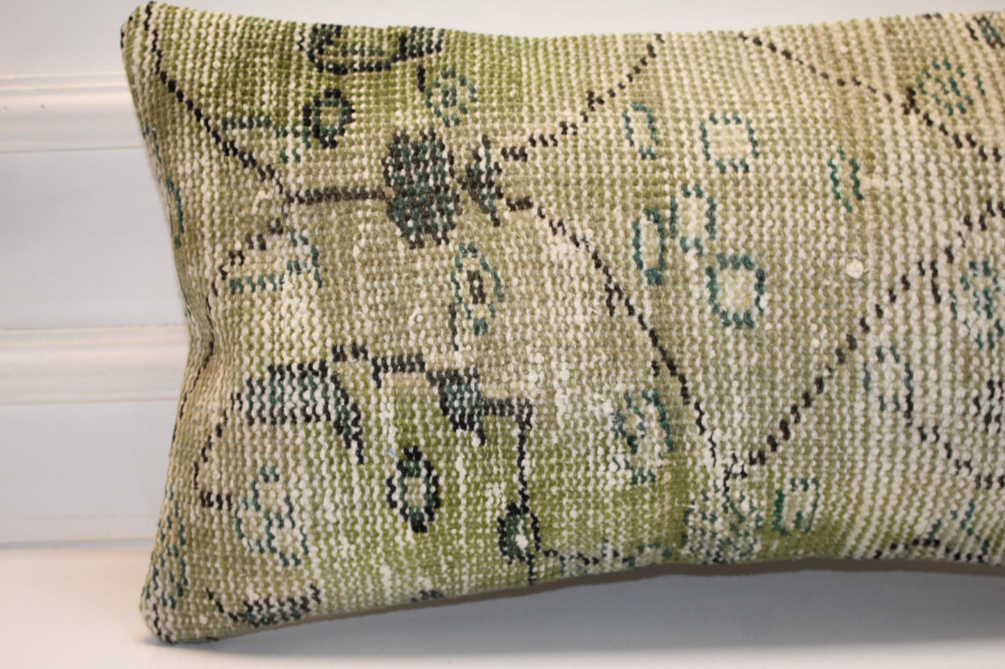 Turkish Kilim Lumbar Pillow 12x24 Green Handwoven Rug Cushion Cover