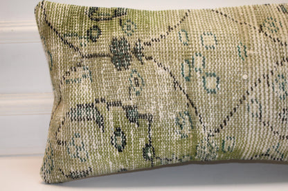 Turkish Kilim Lumbar Pillow 12x24 Green Handwoven Rug Cushion Cover