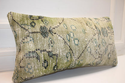 Turkish Kilim Lumbar Pillow 12x24 Green Handwoven Rug Cushion Cover