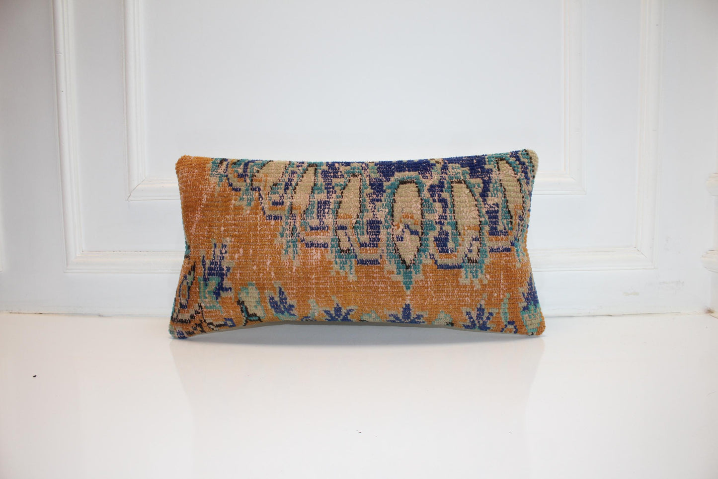 Turkish Kilim Lumbar Pillow 12x24 Mustard Blue Handwoven Rug Cushion Cover Boho