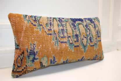 Turkish Kilim Lumbar Pillow 12x24 Mustard Blue Handwoven Rug Cushion Cover Boho