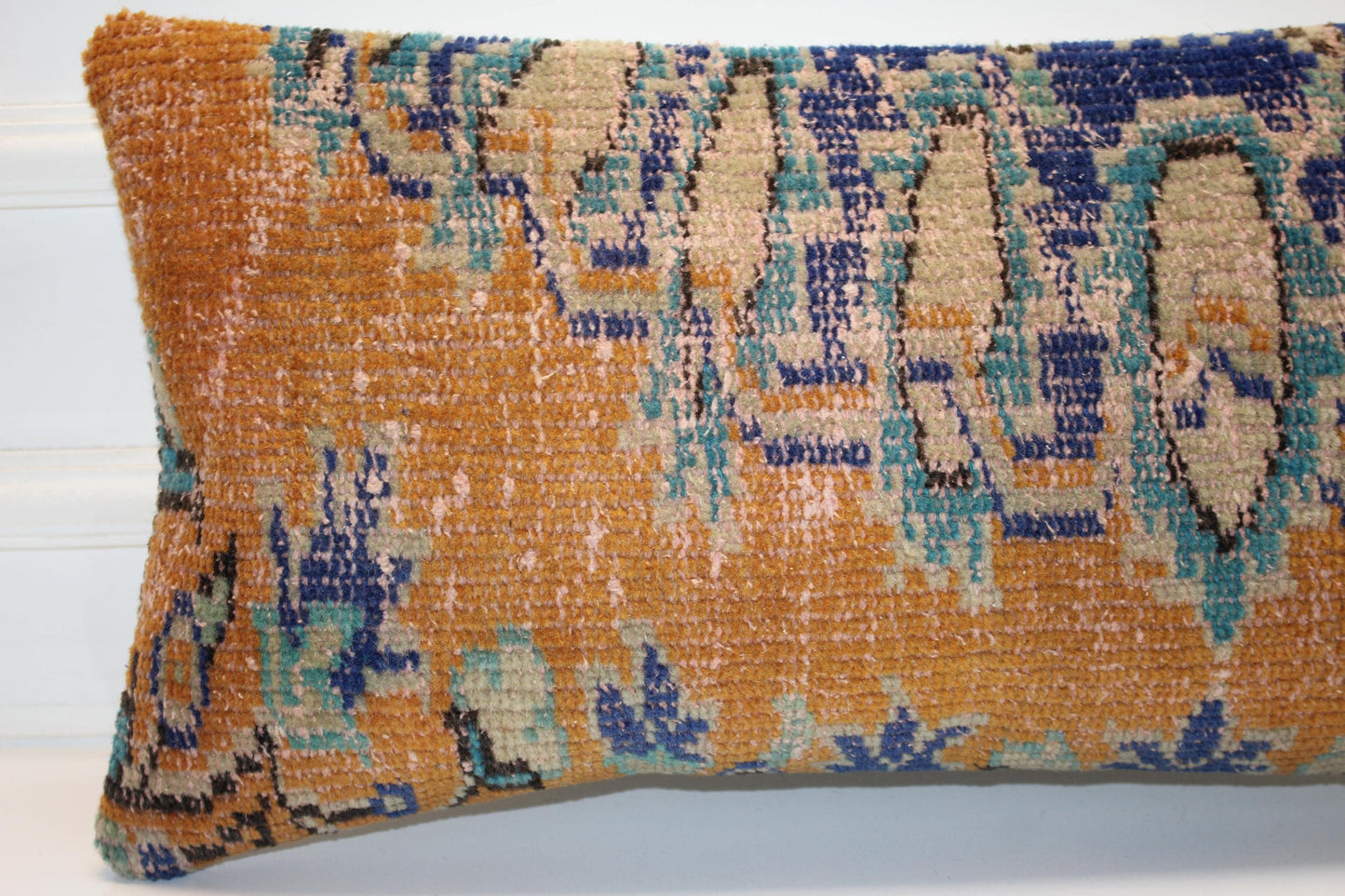 Turkish Kilim Lumbar Pillow 12x24 Mustard Blue Handwoven Rug Cushion Cover Boho