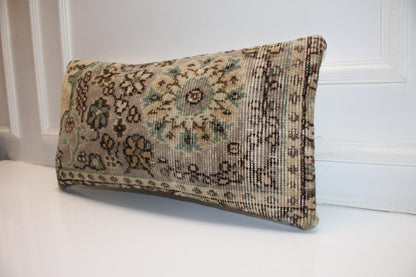 Turkish Kilim Lumbar Pillow 12x24 Beige Mint Floral Handwoven Rug Cushion Cover
