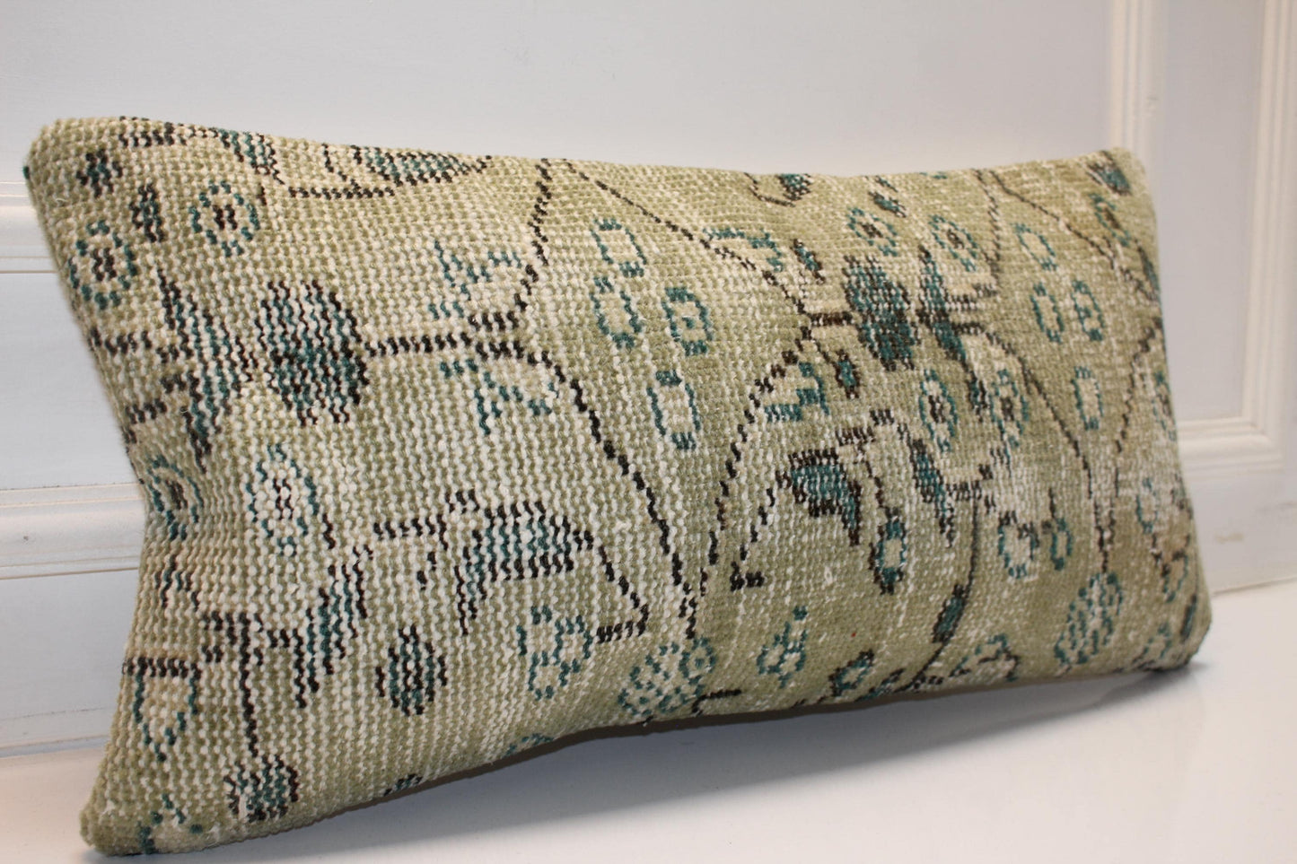 Turkish Kilim Lumbar Pillow 12x24 Sage Green Handwoven Rug Cushion Cover Geometric Boho