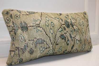 Turkish Kilim Lumbar Pillow 12x24 Sage Green Handwoven Rug Cushion Cover Geometric Boho