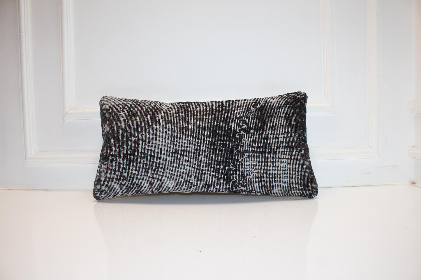 Turkish Kilim Lumbar Pillow 12x24 Black Grey Handwoven Rug Cushion Cover