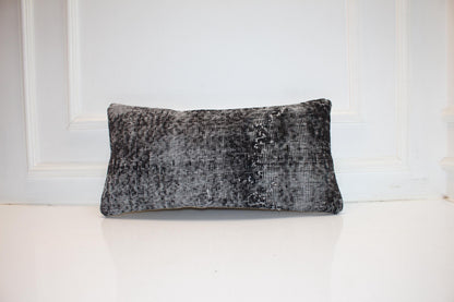 Turkish Kilim Lumbar Pillow 12x24 Black Grey Handwoven Rug Cushion Cover
