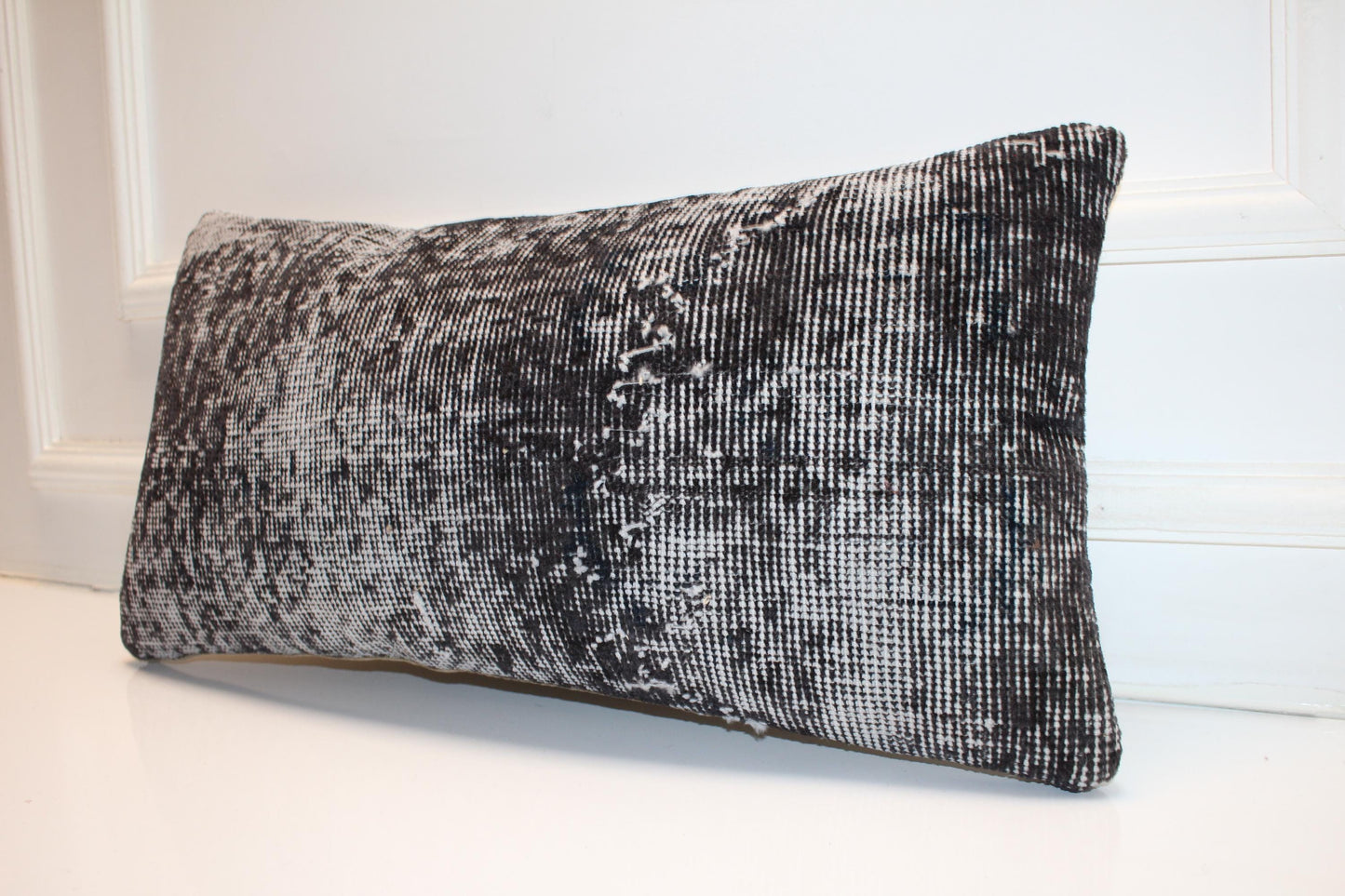 Turkish Kilim Lumbar Pillow 12x24 Black Grey Handwoven Rug Cushion Cover