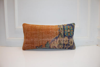 Turkish Kilim Lumbar Pillow 12x24 Mustard Turquoise Handwoven Rug Cushion Cover