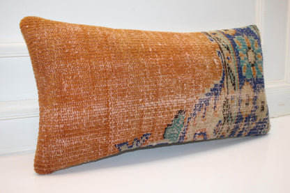 Turkish Kilim Lumbar Pillow 12x24 Mustard Turquoise Handwoven Rug Cushion Cover
