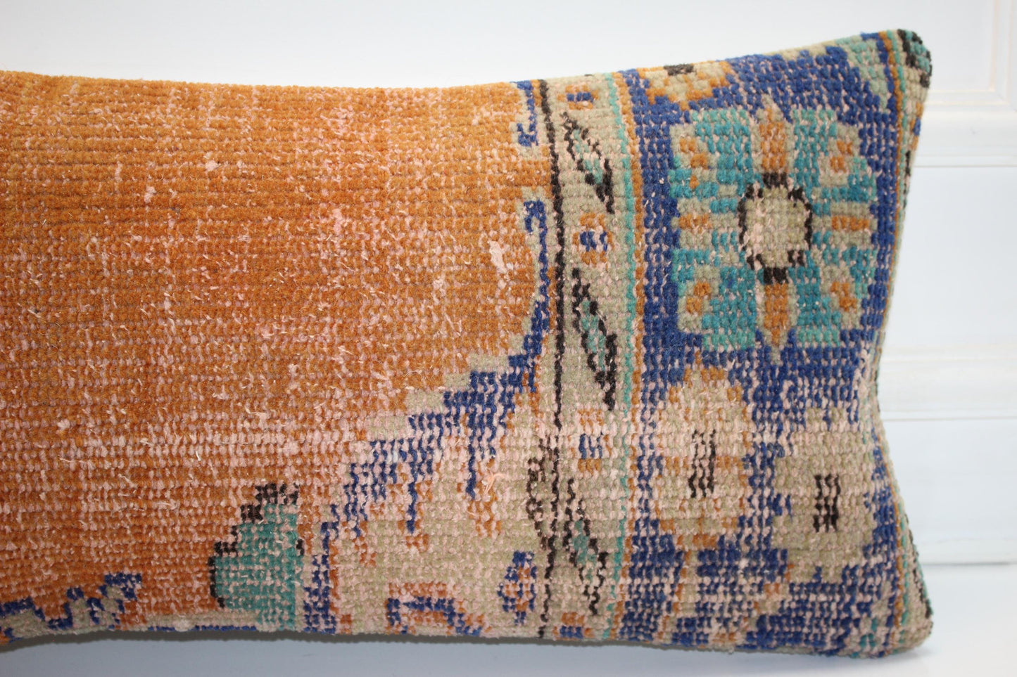 Turkish Kilim Lumbar Pillow 12x24 Mustard Turquoise Handwoven Rug Cushion Cover