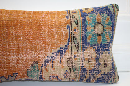 Turkish Kilim Lumbar Pillow 12x24 Mustard Turquoise Handwoven Rug Cushion Cover