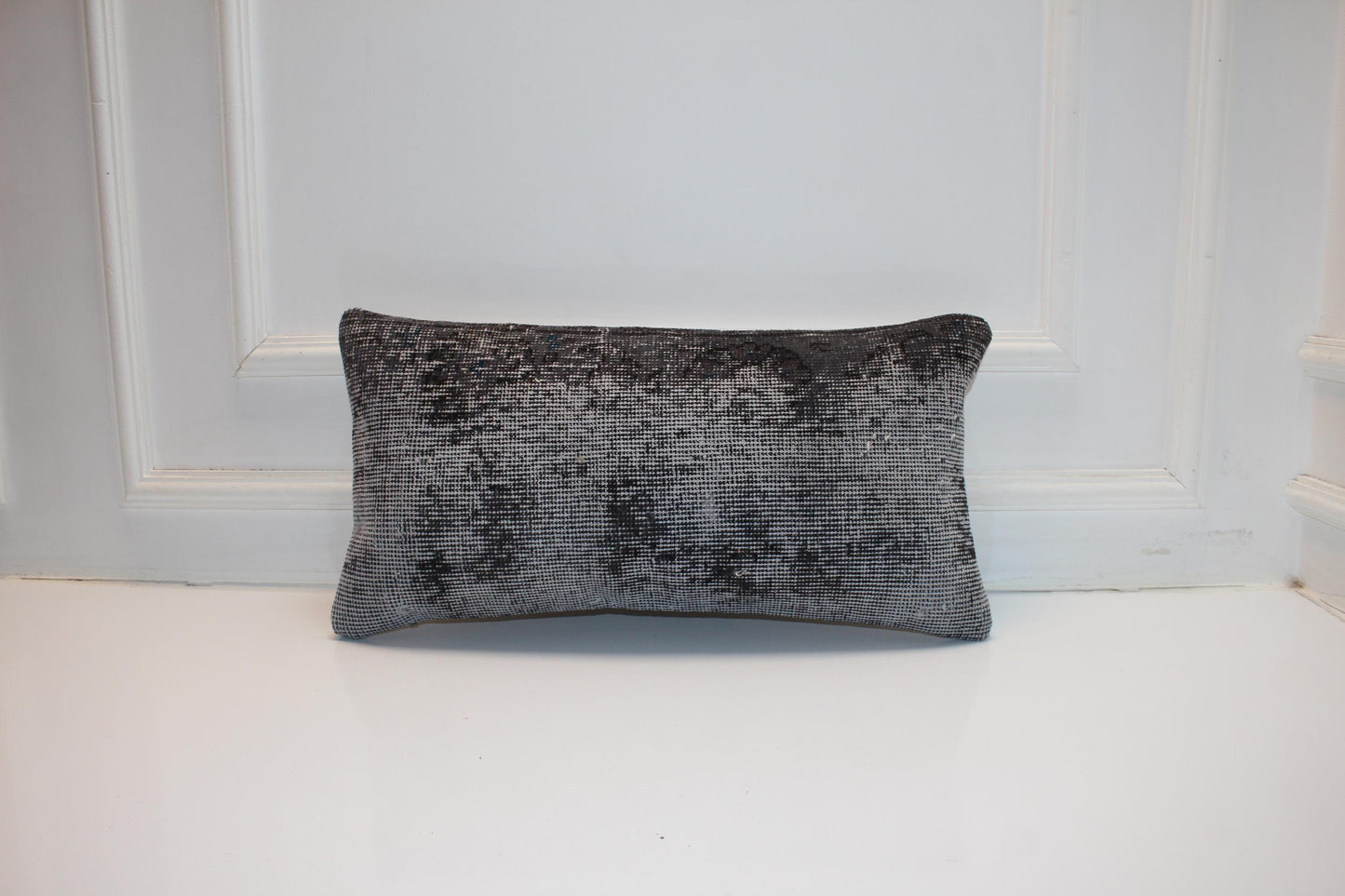 Turkish Kilim Lumbar Pillow 12x24 Grey Black Handwoven Rug Cushion Cover Modern Neutral