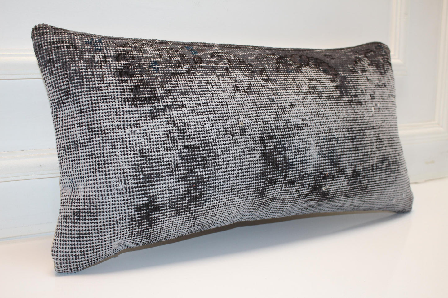 Turkish Kilim Lumbar Pillow 12x24 Grey Black Handwoven Rug Cushion Cover Modern Neutral