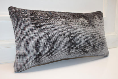Turkish Kilim Lumbar Pillow 12x24 Grey Black Handwoven Rug Cushion Cover Modern Neutral