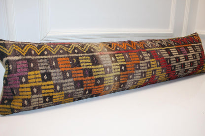 Turkish Kilim Bench Pillow 12x48 Long Lumbar Cushion Cover Colorful Tribal Handwoven