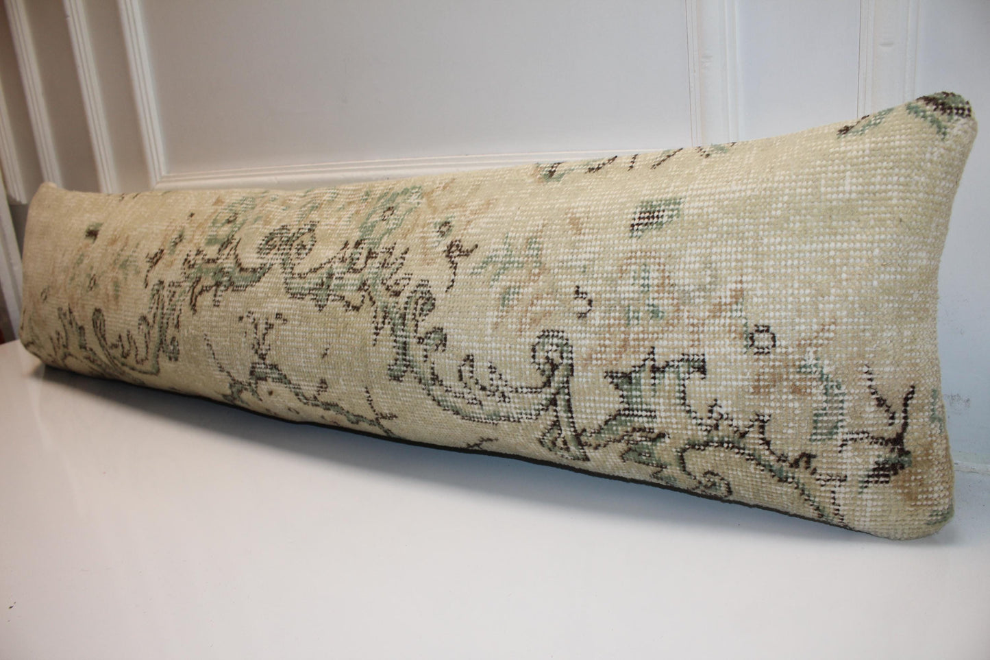 Turkish Kilim Bench Pillow 12x48 Long Lumbar Cushion Cover Cream Floral Handwoven