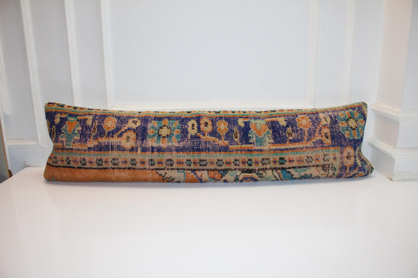 Curated Vintage Turkish Kilim Bench Pillow 12x48 Long Blue Orange Handwoven Statement Textile Accent