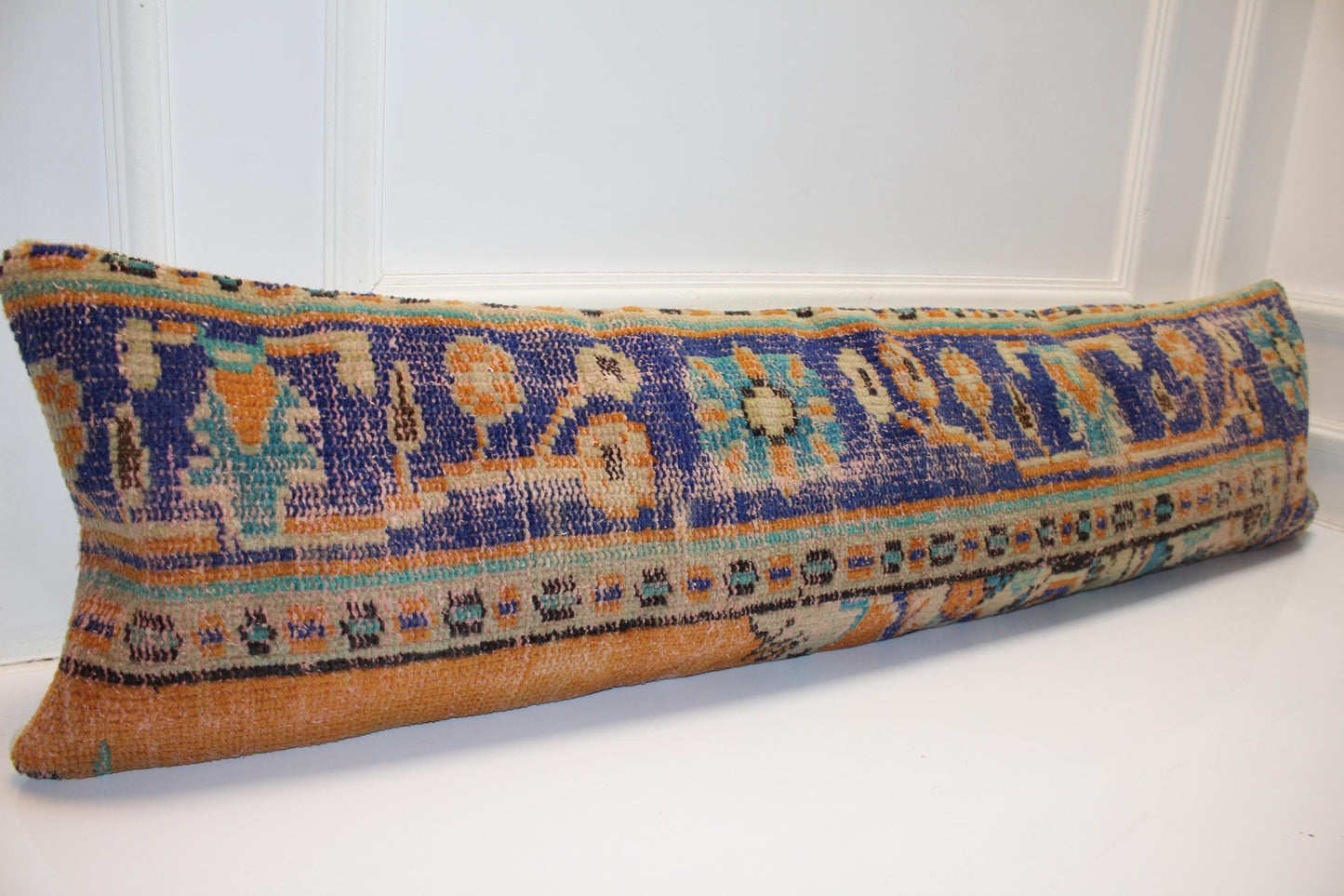 Curated Vintage Turkish Kilim Bench Pillow 12x48 Long Blue Orange Handwoven Statement Textile Accent