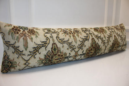 Timeless Vintage Turkish Kilim Bench Pillow 12x48 Long Cream Handwoven Heritage Textile Accent