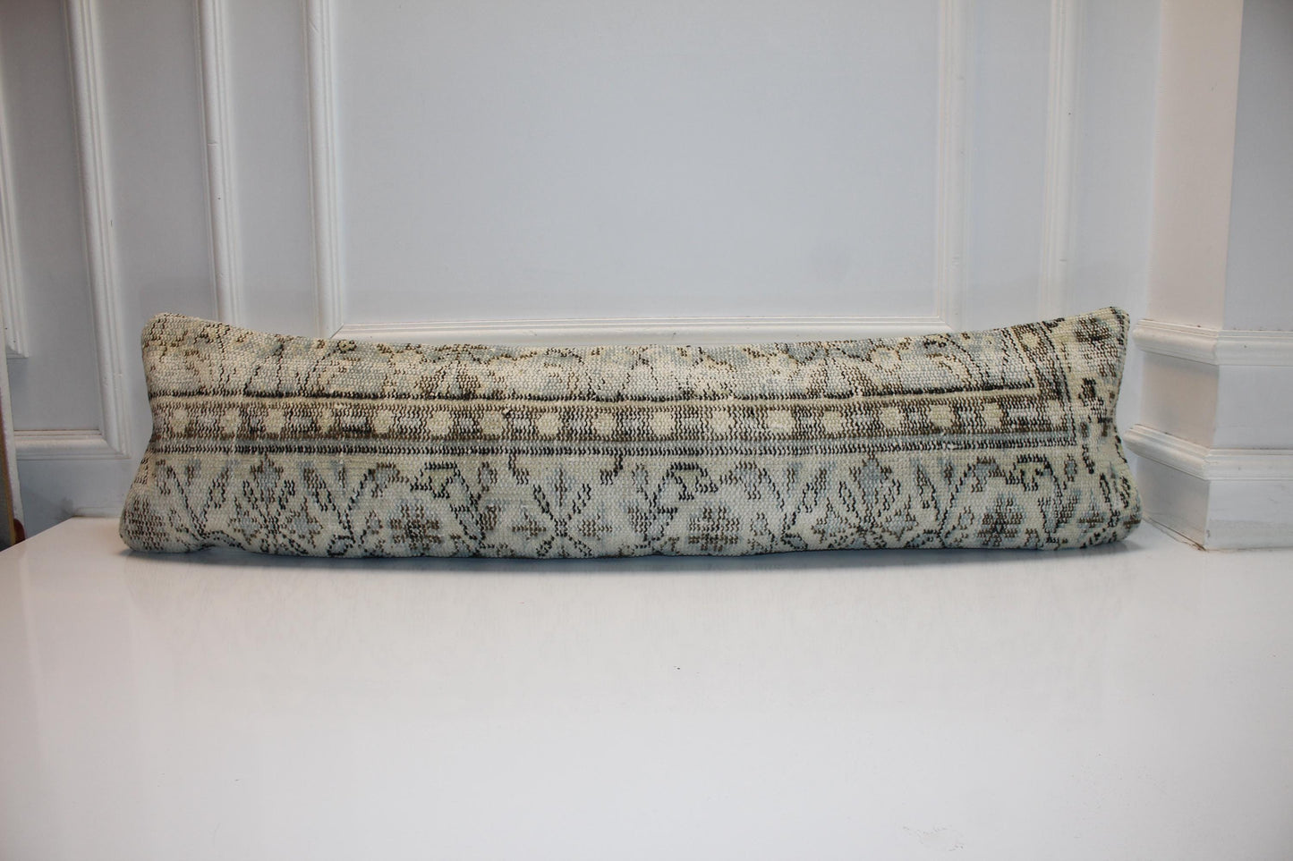 Stone Toned Vintage Turkish Kilim Bench Pillow 12x48 Long Handwoven Minimal Heritage Textile Accent