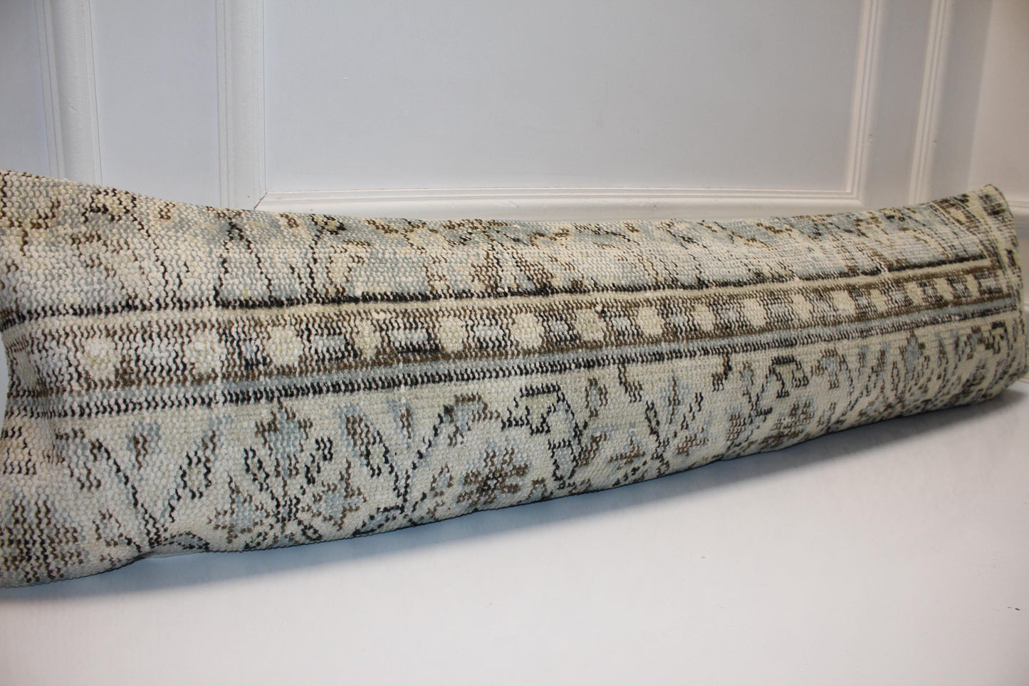 Stone Toned Vintage Turkish Kilim Bench Pillow 12x48 Long Handwoven Minimal Heritage Textile Accent