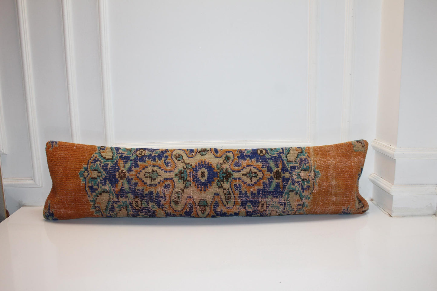Vintage Turkish Kilim Bench Pillow 12x48 Long Cinnamon Blue Handwoven Medallion Textile Accent