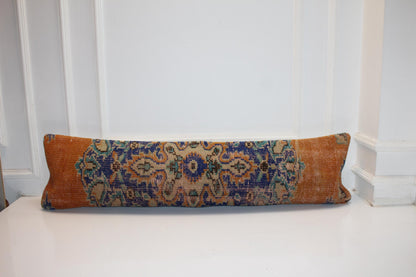 Vintage Turkish Kilim Bench Pillow 12x48 Long Cinnamon Blue Handwoven Medallion Textile Accent