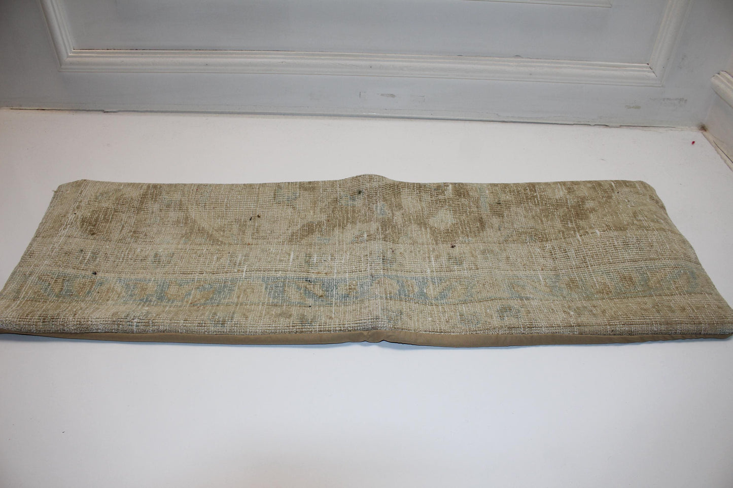 Faded Cream Vintage Turkish Kilim Bench Pillow 12x36 Long Handwoven Quiet Tone Textile Accent