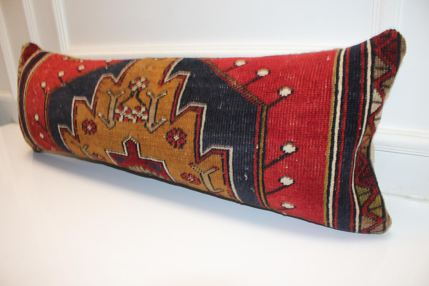 Vintage Turkish Kilim Bench Pillow 12x36 Long Red Navy Handwoven Anatolian Medallion Textile Accent