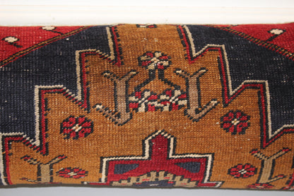 Vintage Turkish Kilim Bench Pillow 12x36 Long Red Navy Handwoven Anatolian Medallion Textile Accent