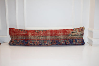 Vintage Turkish Rug Bench Pillow 12x48 – Aged Crimson & Cobalt Textural Lumbar for Statement Seating