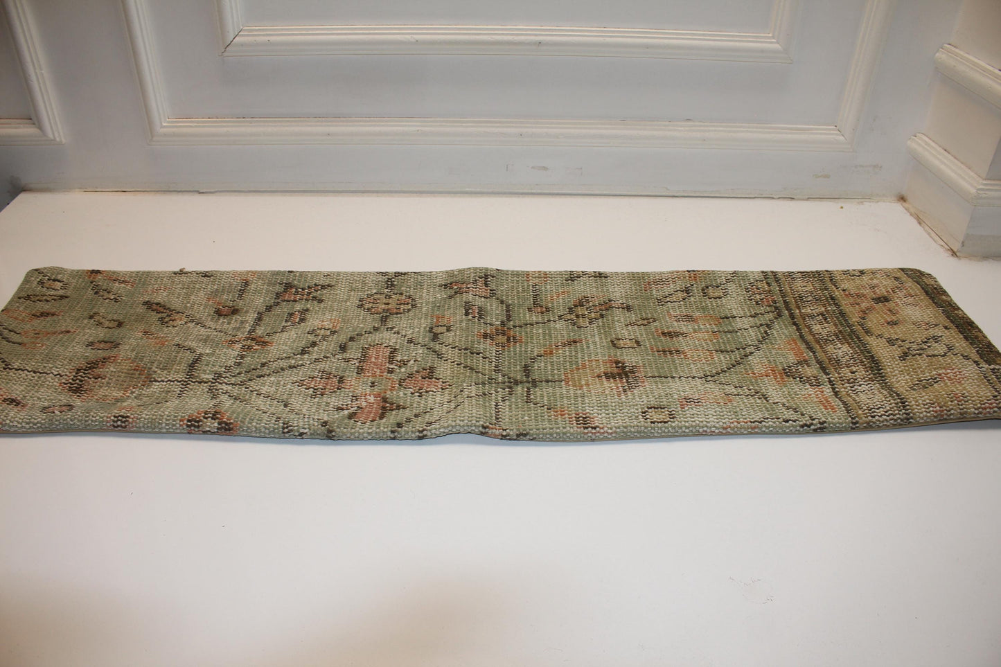 Vintage Turkish Rug Bench Pillow 12x48 – Soft Sage Distressed Lumbar for Elevated Entryway Seating