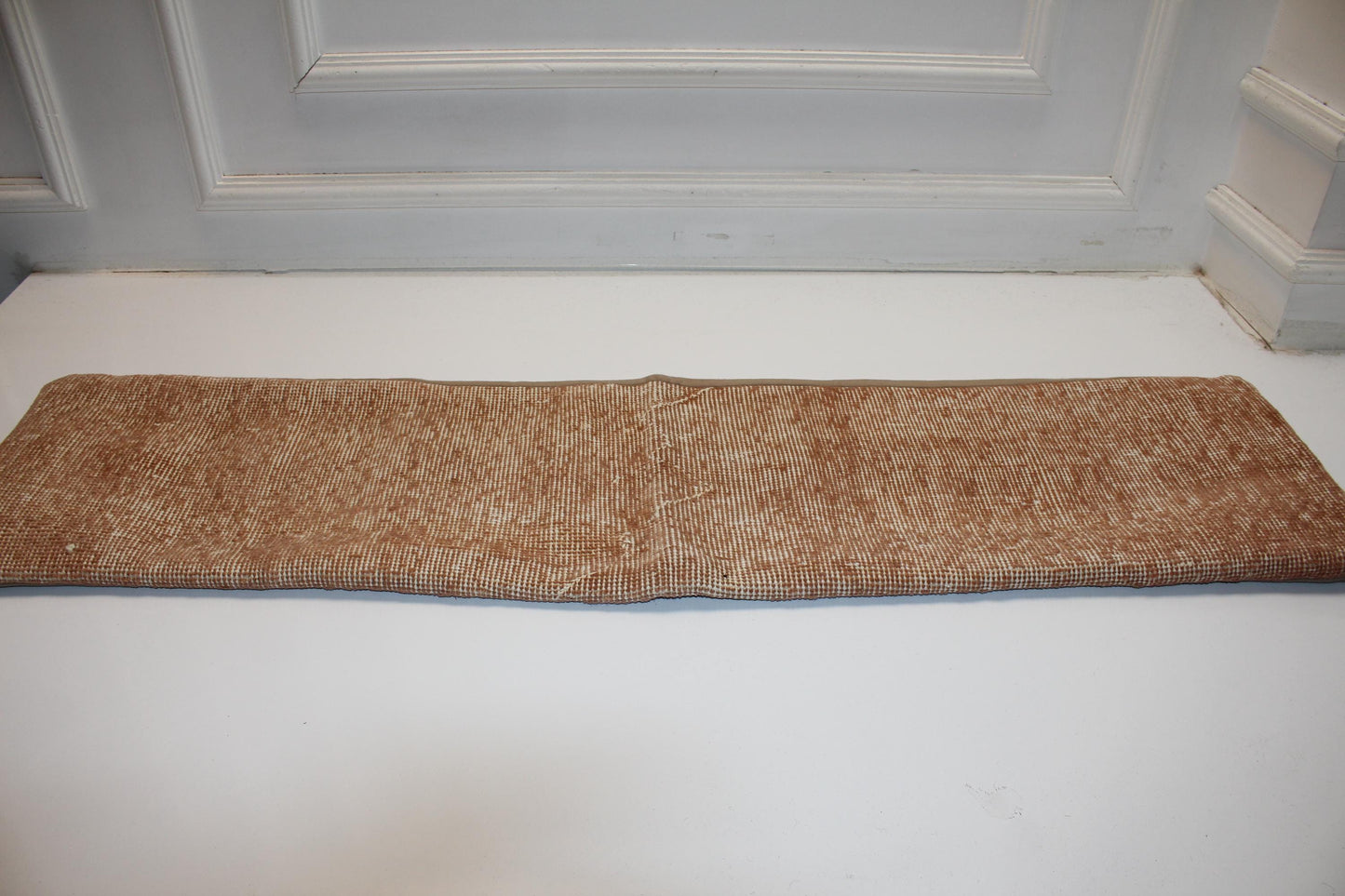 Vintage Turkish Rug Bench Pillow 12x48 – Warm Clay Distressed Lumbar for Long Sculptural Seating