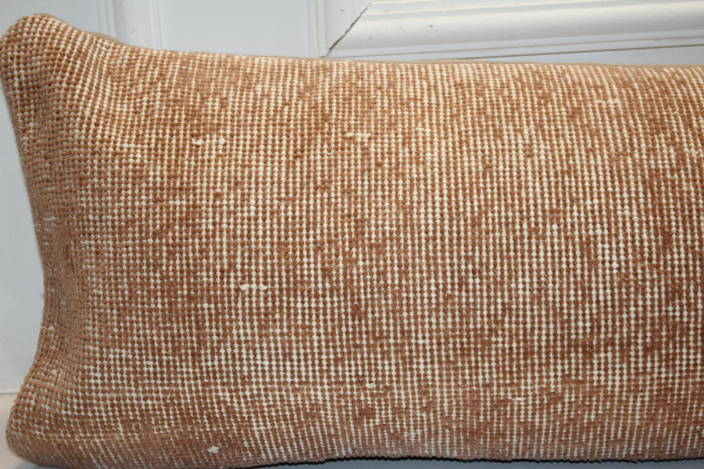 Vintage Turkish Rug Bench Pillow 12x48 – Warm Clay Distressed Lumbar for Long Sculptural Seating