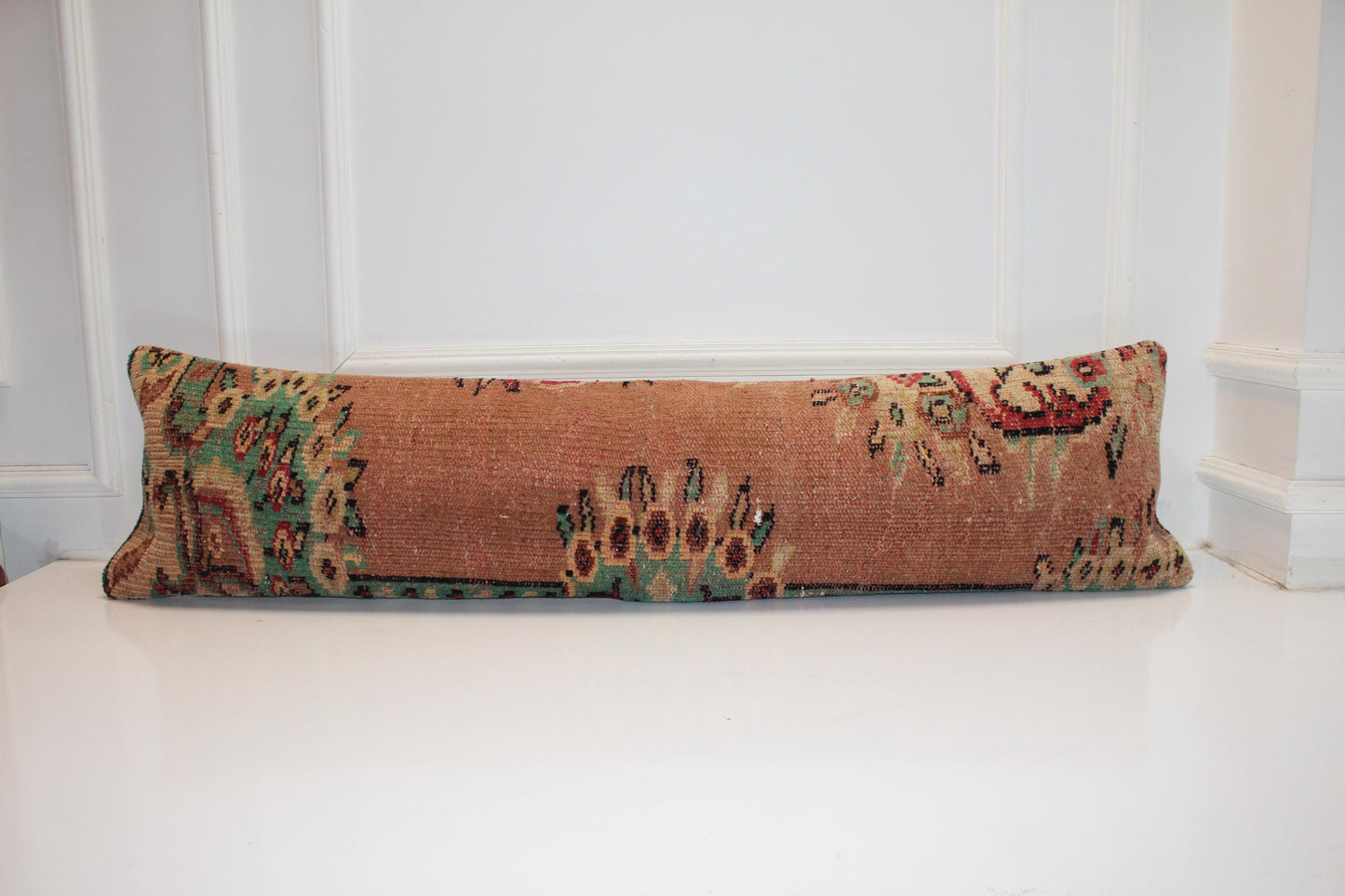 Vintage Turkish Kilim Bench Pillow – Terracotta Emerald Lumbar Statement Rug Cushion