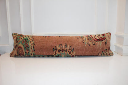 Vintage Turkish Kilim Bench Pillow – Terracotta Emerald Lumbar Statement Rug Cushion