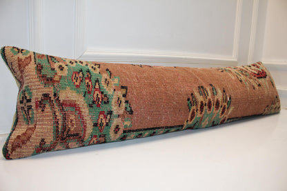 Vintage Turkish Kilim Bench Pillow – Terracotta Emerald Lumbar Statement Rug Cushion