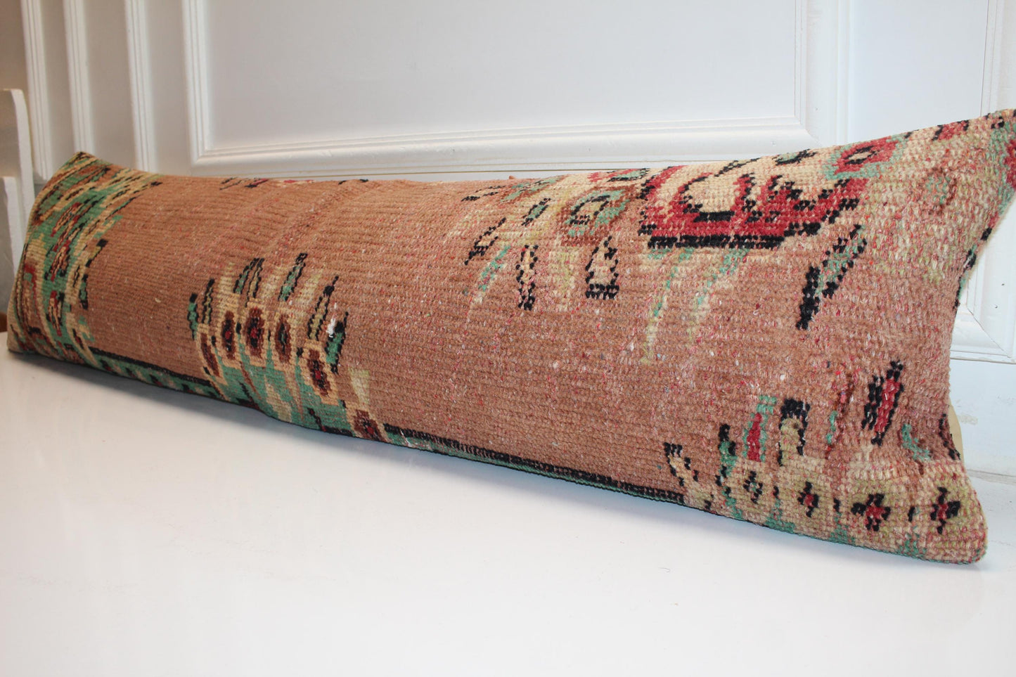 Vintage Turkish Kilim Bench Pillow – Terracotta Emerald Lumbar Statement Rug Cushion