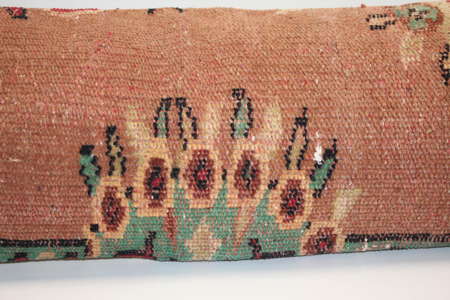 Vintage Turkish Kilim Bench Pillow – Terracotta Emerald Lumbar Statement Rug Cushion