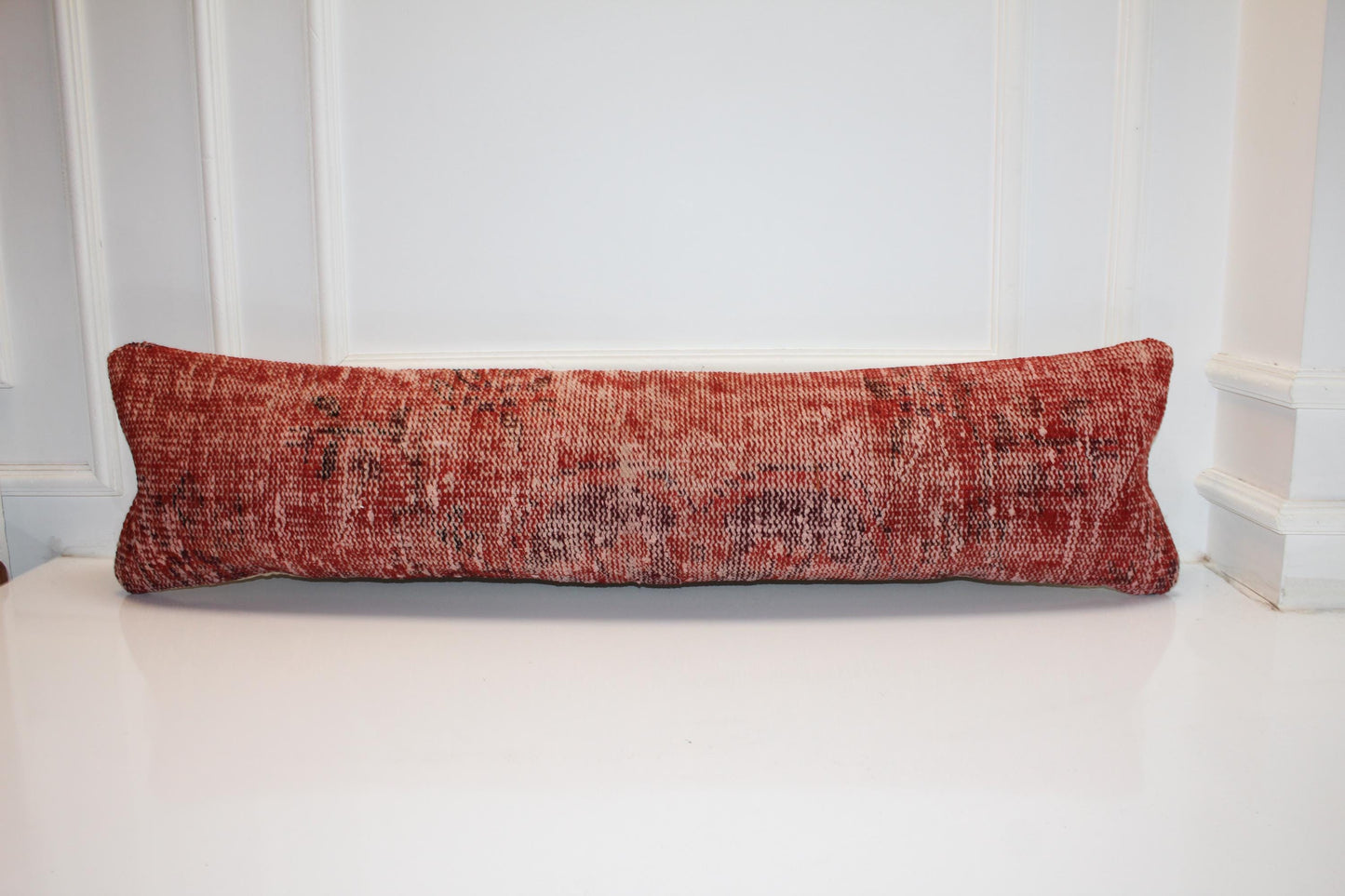 Vintage Turkish Kilim Bench Pillow, Burnt Terracotta Lumbar Cushion, Boho Anatolian Cover