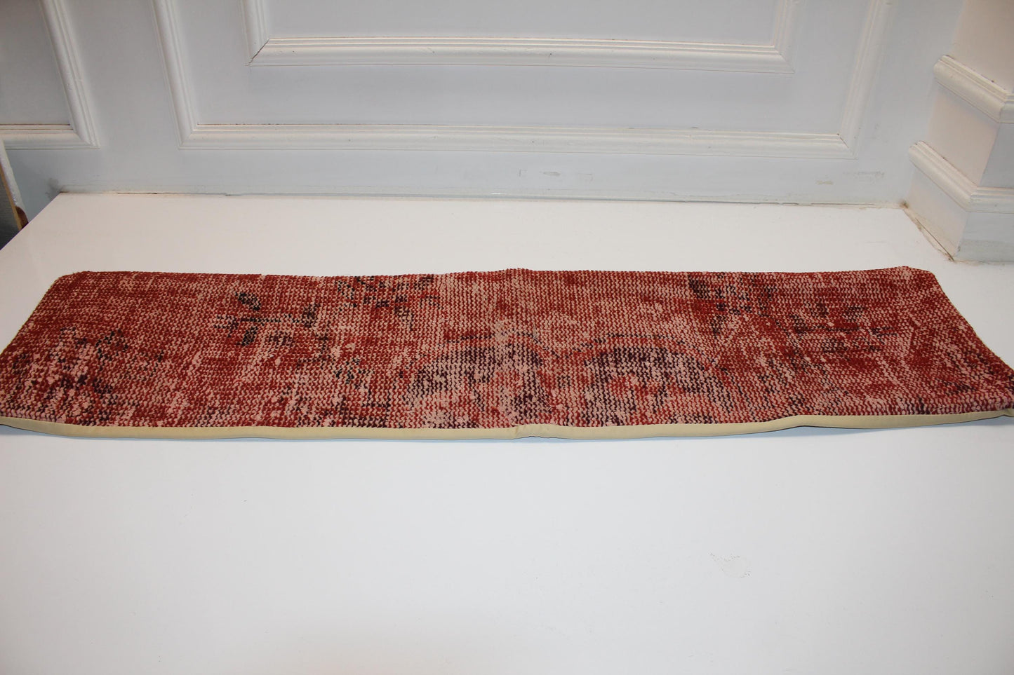 Vintage Turkish Kilim Bench Pillow, Burnt Terracotta Lumbar Cushion, Boho Anatolian Cover